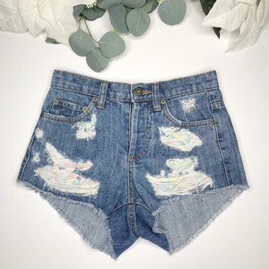 Carmar Women Cutoff Denim Short 25 Floral Distress